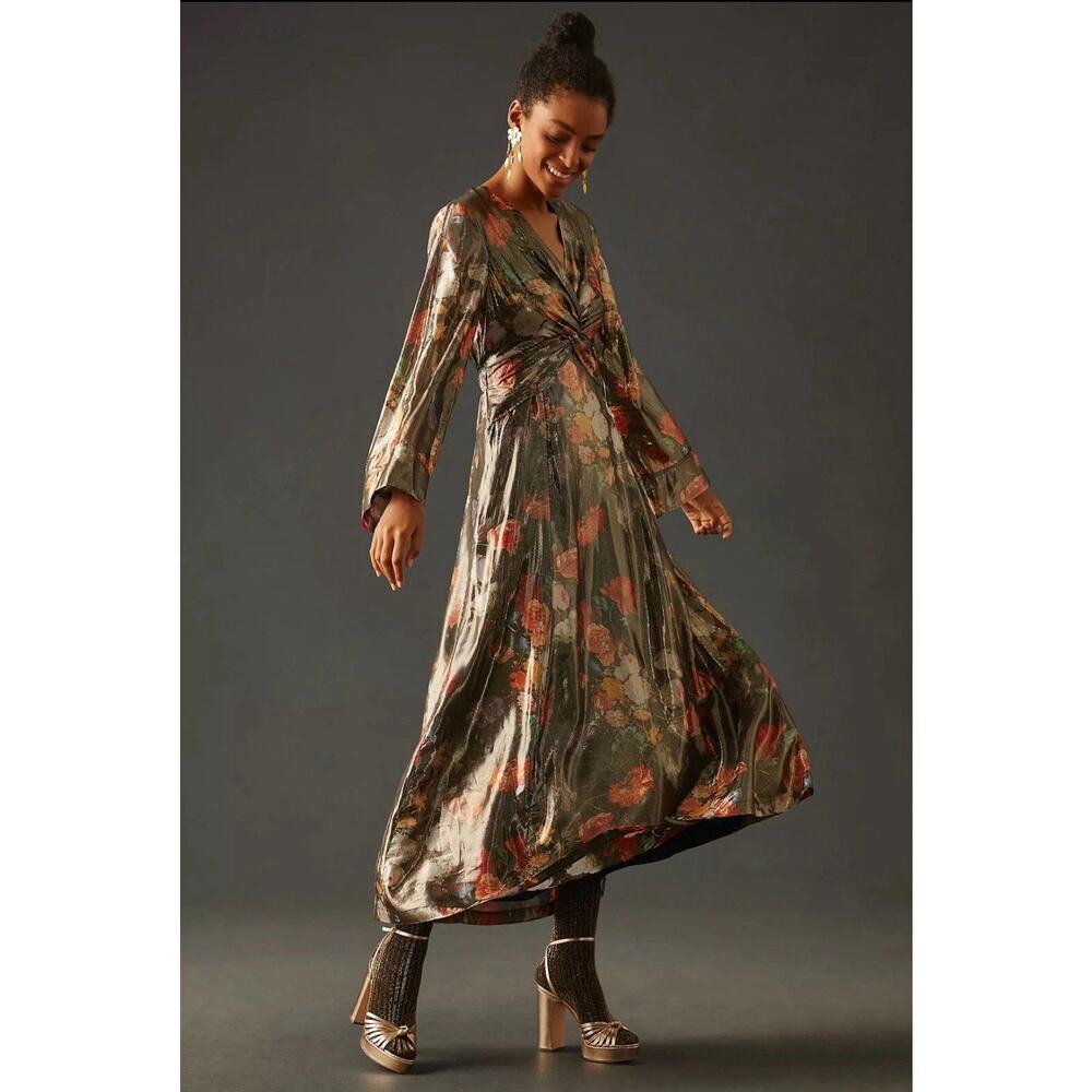 Twist-Front Floral Maxi Dress in Olive Green